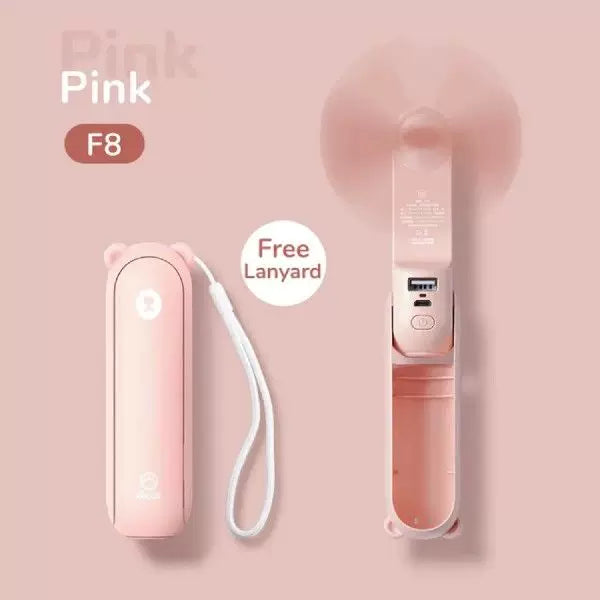 Unisex standard størrelse sammenleggbar oppladbar bærbar mini-vifte med integrert USB-powerbank og lanyard Luvikno