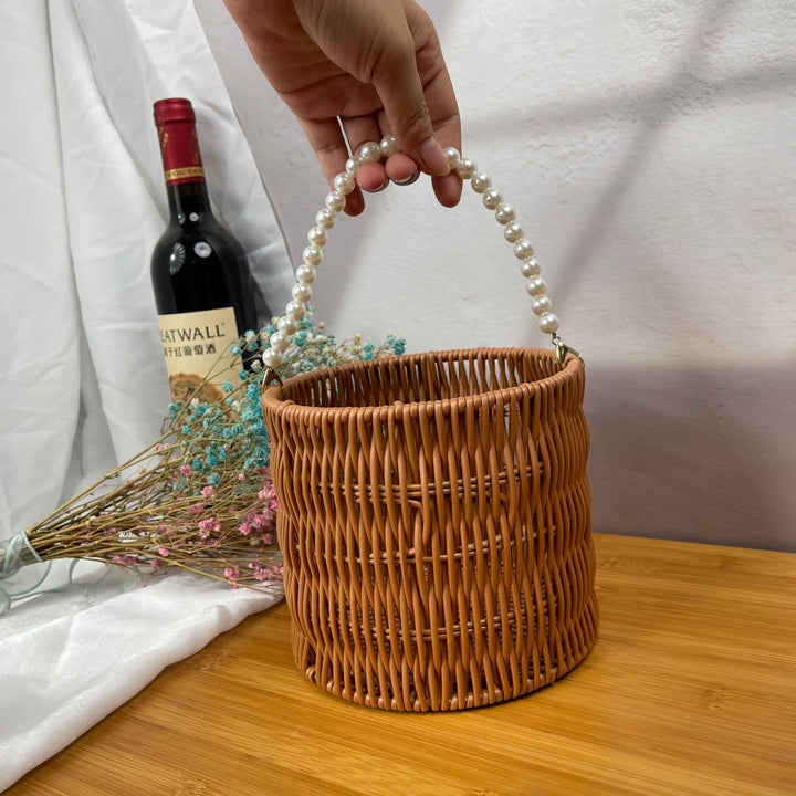 Dame stilige Rattan-beholder med perlehåndtak Luvikno