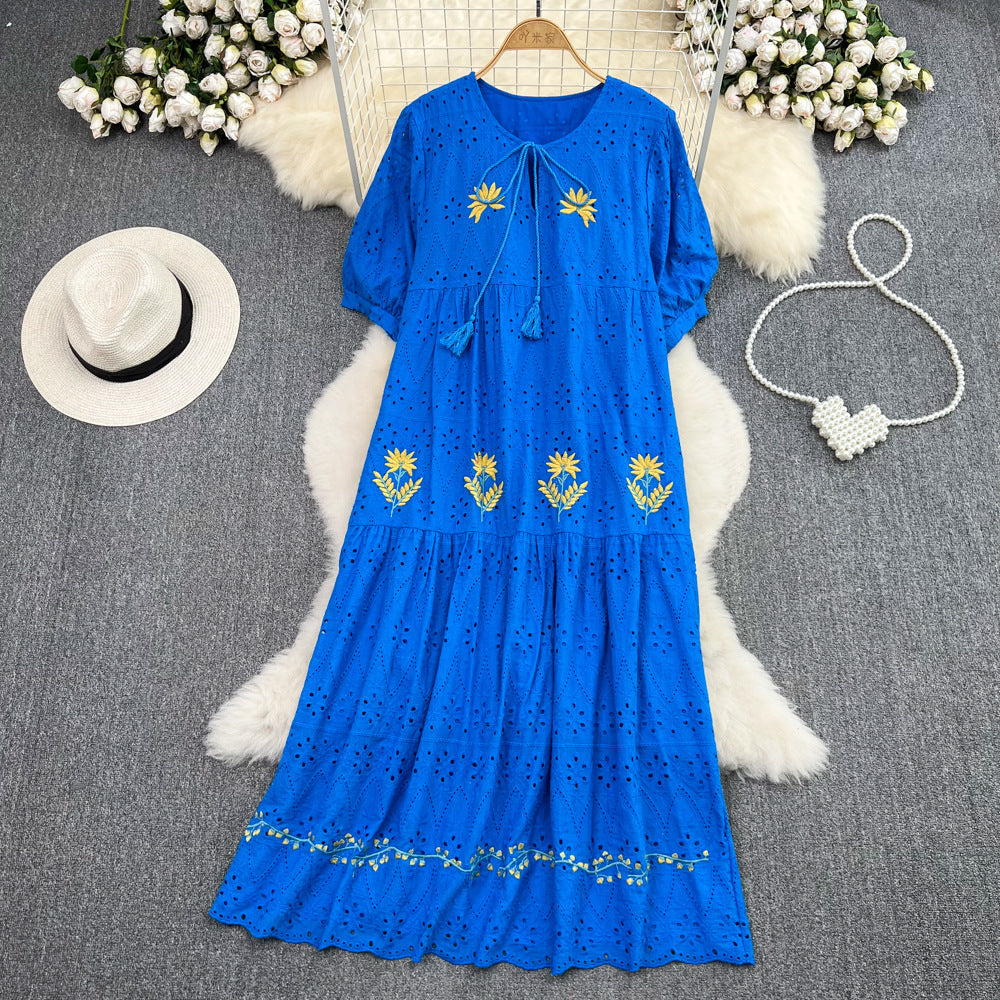 Luvik | Sweet Puff Sleeve Round Neck Dress with Hollow Embroidery
