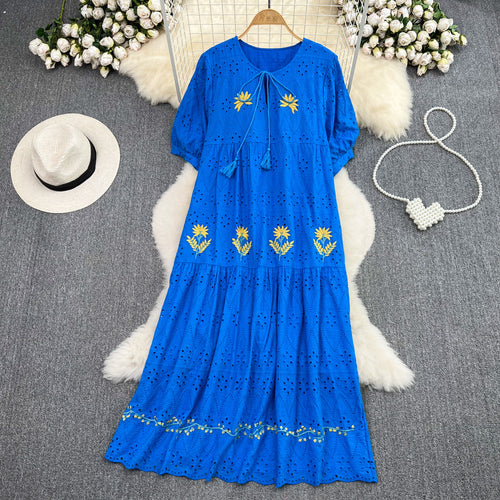 Luvik | Sweet Puff Sleeve Round Neck Dress with Hollow Embroidery