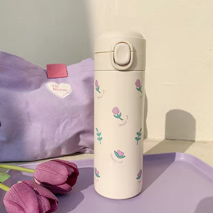 Damen Isolert Drikkeflaske med funksjonelt lokk og kreativt blomstermotiv Luvikno