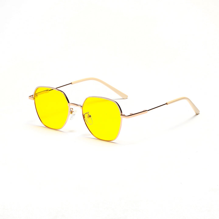 Dame moteriktig solbrille med smal metallramme og blå linser Luvikno