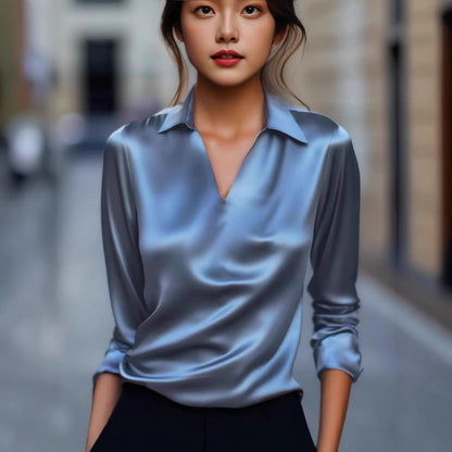 Luvik | Naisten Ylellinen satiinitoppi V-kaula-aukolla ja klassisella kauluksella