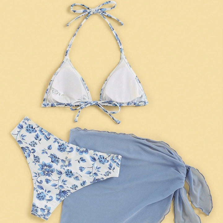 Naisten kolmio-bikini-setti romanttisella kukkakuviolla ja tyylikkäällä pareolla Luvik