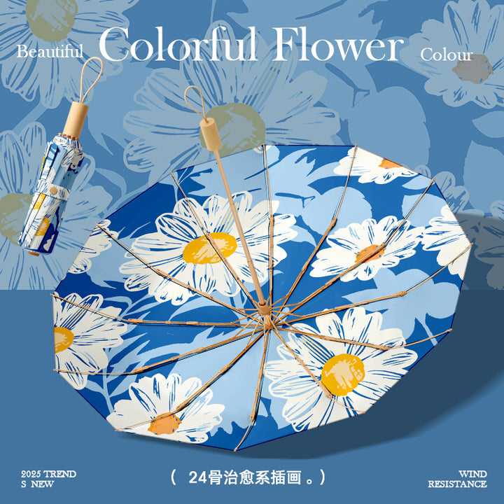 Dame stilfull og lett sammenleggbart paraply med elegant blomsterdesign Luvikno