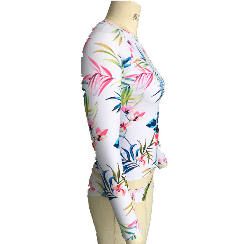 Naisten urheilullinen rashguard-bikini-setti pitkällä hihalla ja kukkakuviolla Luvik
