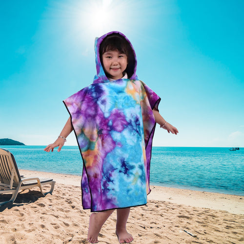Dame Fleece-Poncho med hette og fargerikt tie-dye-design Luvikno