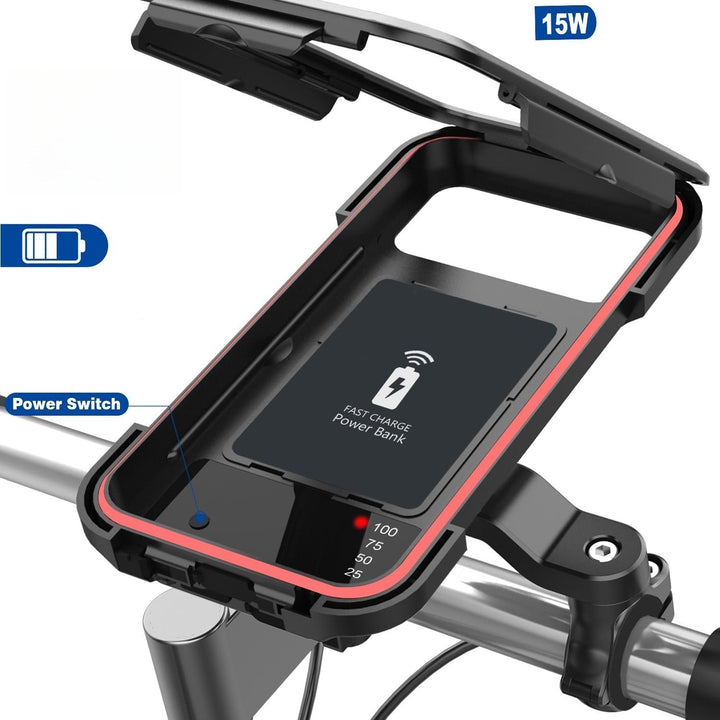 RideCharge Pro – Vanntett telefonholder med USB og 15W trådløs lading for sykkel og el-sykkel | Luvikno