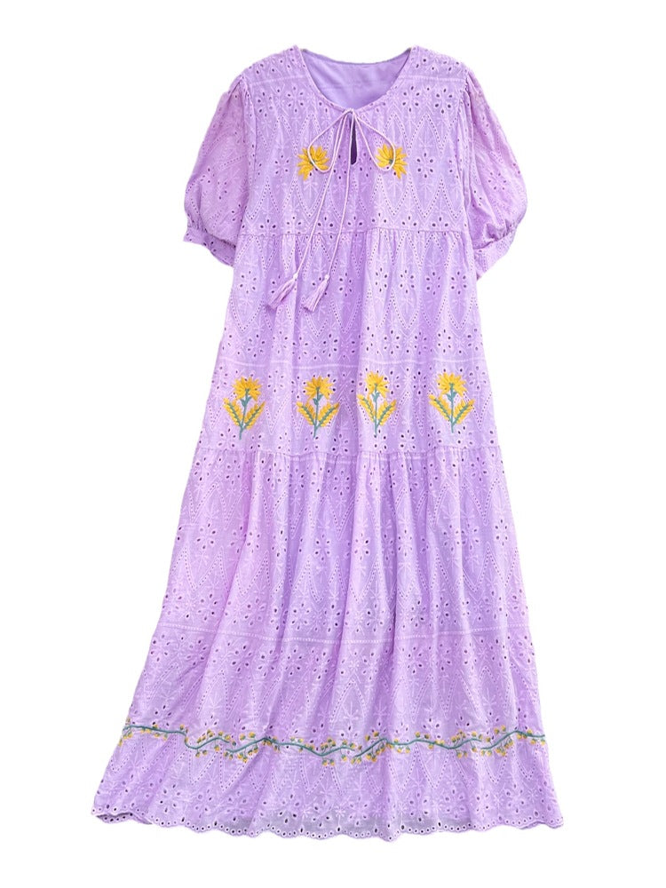 Luvik | Sweet Puff Sleeve Round Neck Dress with Hollow Embroidery