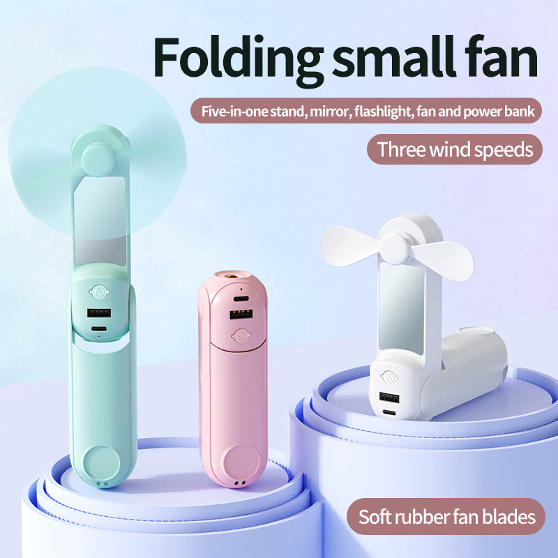 Unisex nan sammenleggbar håndholdt vifte med innebygd USB power bank og kompakt speil Luvikno