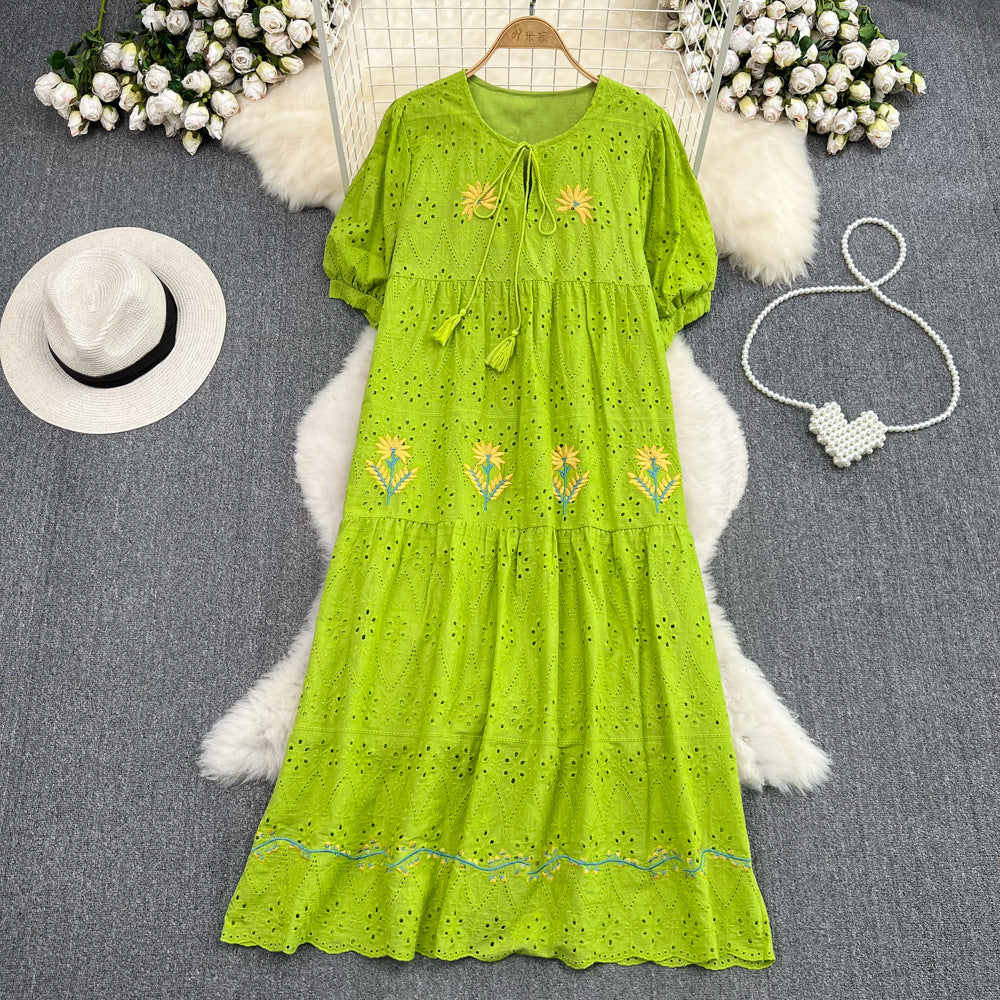 Luvik | Sweet Puff Sleeve Round Neck Dress with Hollow Embroidery
