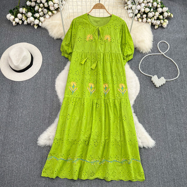 Luvik | Sweet Puff Sleeve Round Neck Dress with Hollow Embroidery