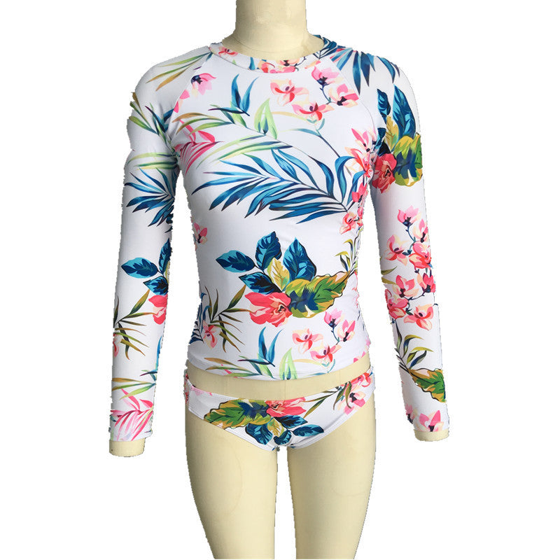 Naisten urheilullinen rashguard-bikini-setti pitkällä hihalla ja kukkakuviolla Luvik