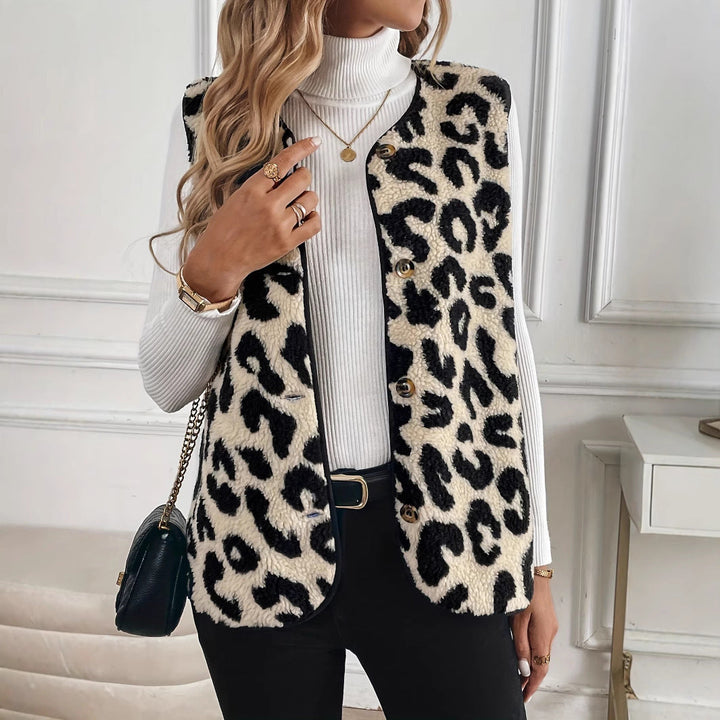 Luvik | Dame Myk Syntetisk Pels Vest med Leopardskrift