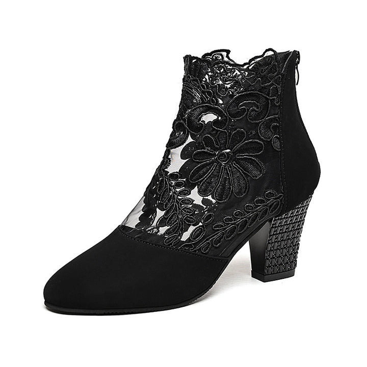 Naisten Elegante Naurupohjaiset nilkkurit kukkakuvioisella pitsimuotoilulla ja tukevalla korolla Luvik