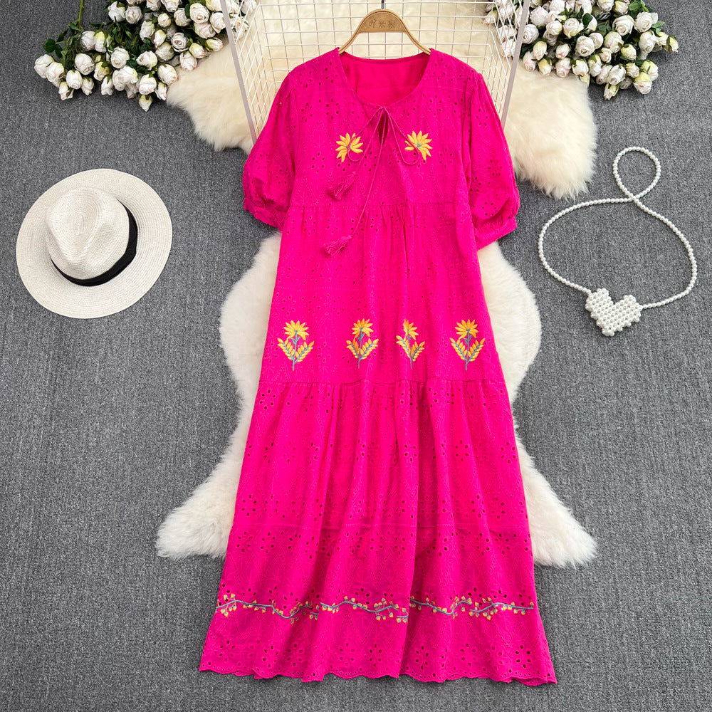 Luvik | Sweet Puff Sleeve Round Neck Dress with Hollow Embroidery