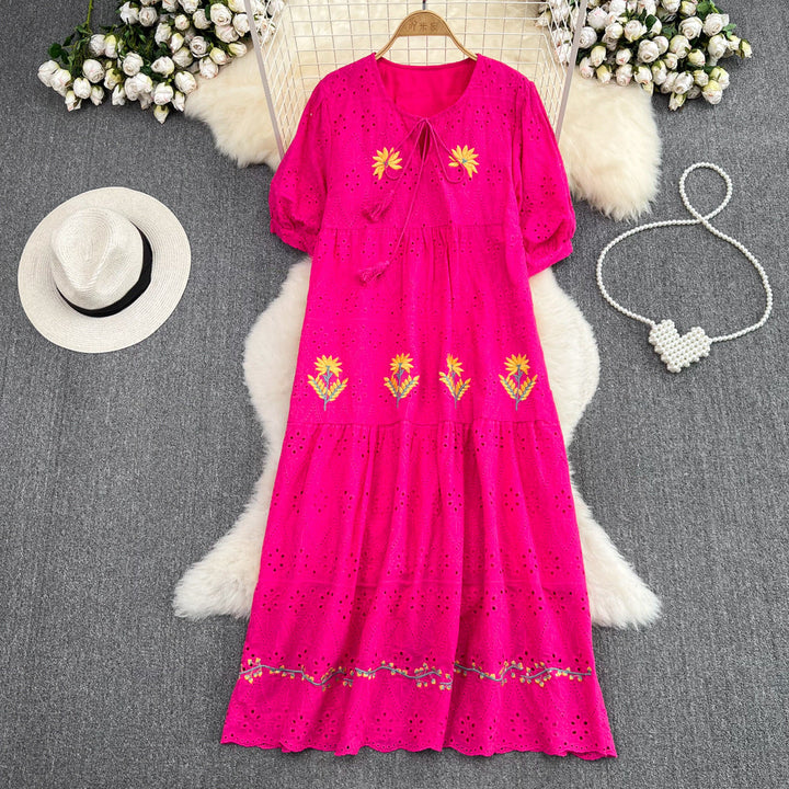 Luvik | Sweet Puff Sleeve Round Neck Dress with Hollow Embroidery