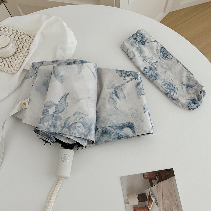 Dame sammenleggbar paraply med romantisk blomsterdesign Luvikno