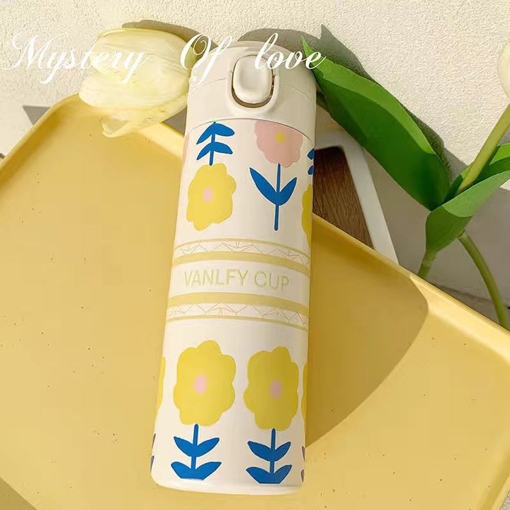 Damen Isolert Drikkeflaske med funksjonelt lokk og kreativt blomstermotiv Luvikno