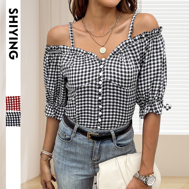 Naisten Off-Shoulder Paita, jossa Rypytys yksityiskohtia ja Ruudullinen kuvio Luvik