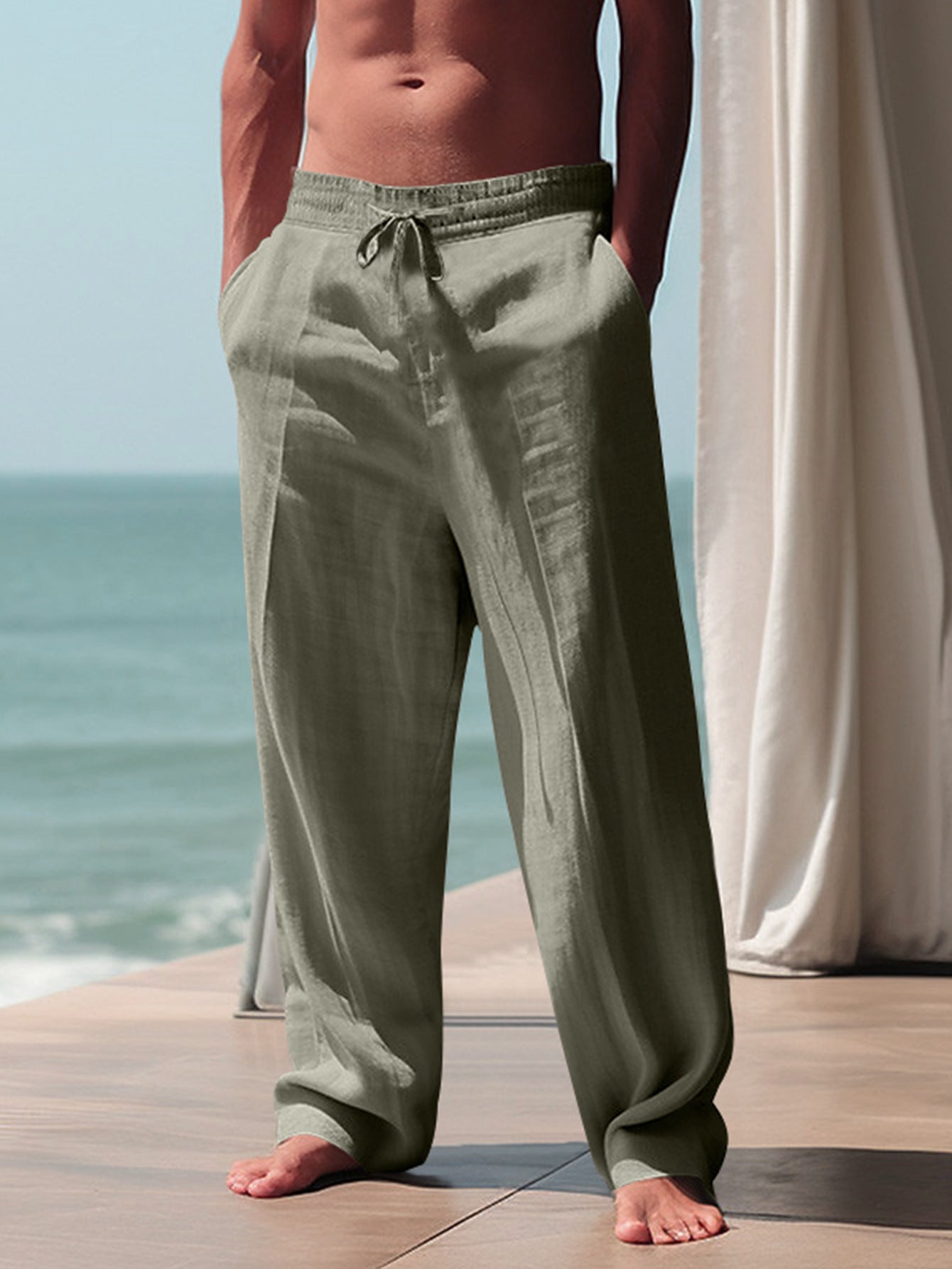 Luvik | Miesten Mukavat Pellavahousut Joustavalla Vyötäröllä ja Sivutaskuilla