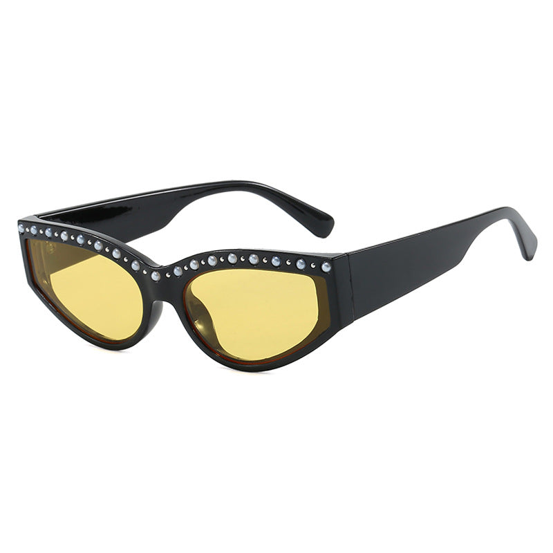 Dame Cat-Eye solbriller med glitrende rhinestones og dyremønster Luvikno