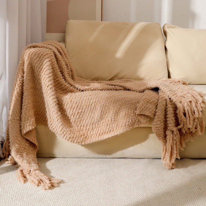 Kvinnens strikkede teppe med mykeste fleece og dekorative frynser Luvikno