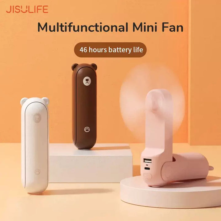 Unisex en størrelse sammenleggbar oppladbar trippel håndholdt mini vifte med innebygd powerbank USB-C og USB-A tilkoblinger samt håndleddsstropp Luvikno