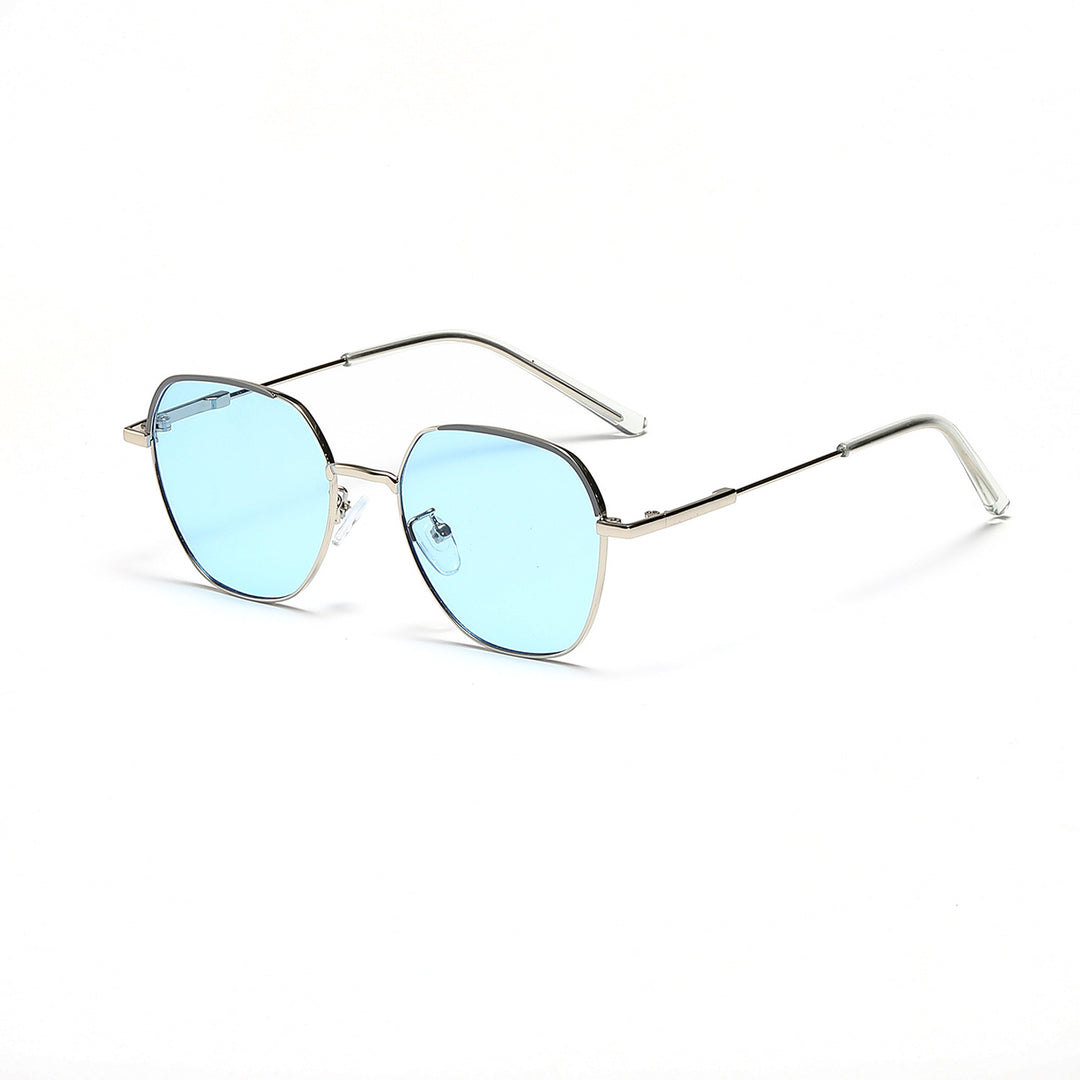Dame moteriktig solbrille med smal metallramme og blå linser Luvikno