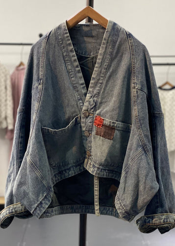 Luvik | Retro Blå Asymmetrisk Patches Bredde Ermer Denim Jakker