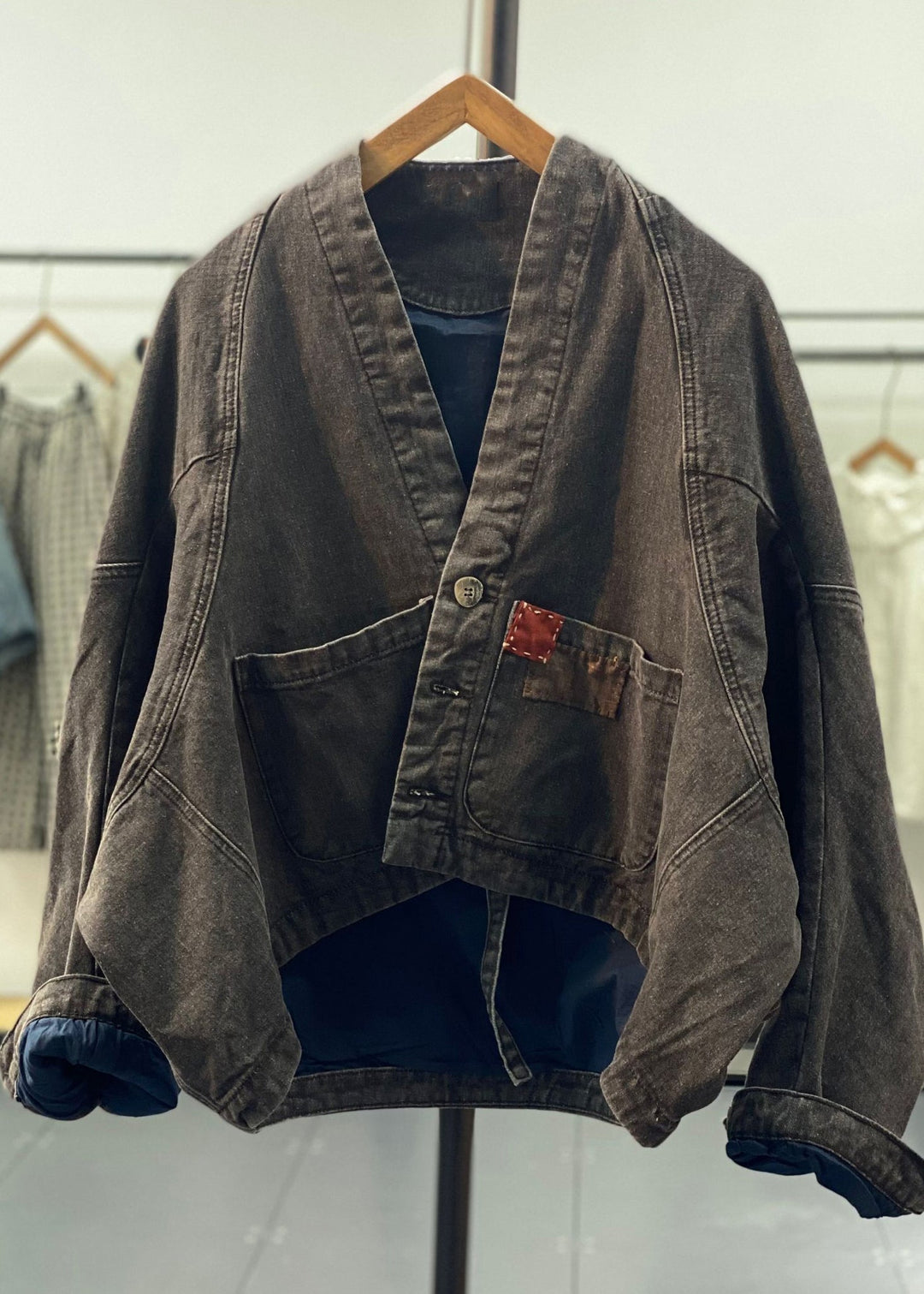 Luvik | Retro Blå Asymmetrisk Patches Bredde Ermer Denim Jakker