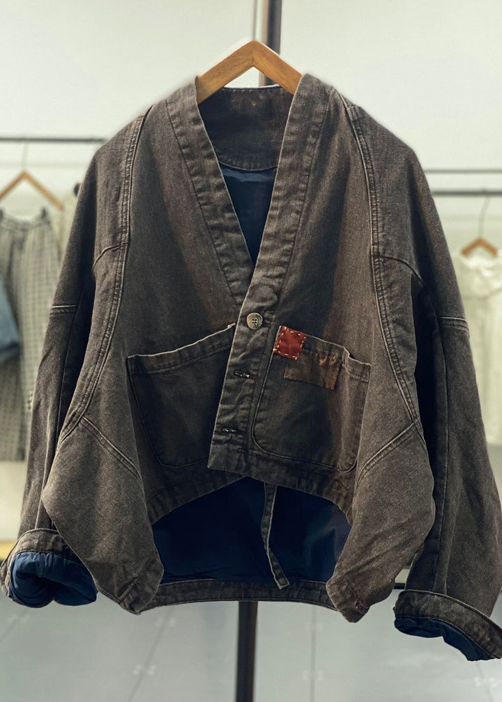 Luvik | Retro Blå Asymmetrisk Patches Bredde Ermer Denim Jakker