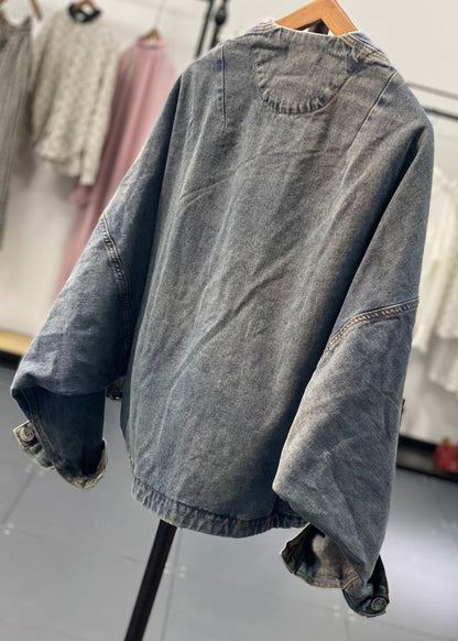 Luvik | Retro Sininen Asymmetrinen Patches Leveät Hihojen Denimi Takit