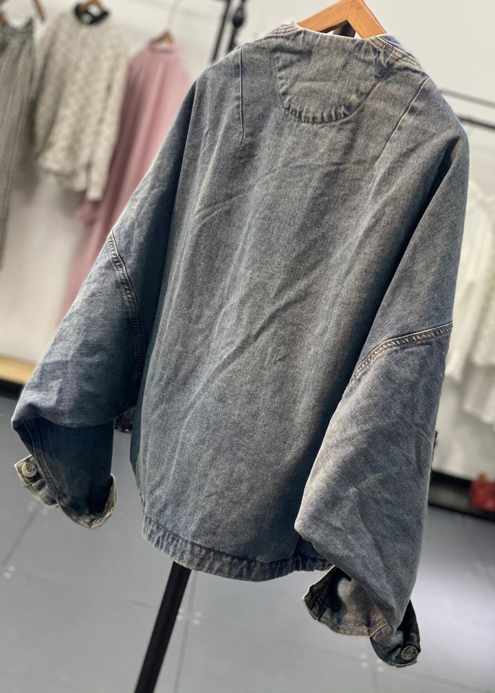 Luvik | Retro Blå Asymmetrisk Patches Bredde Ermer Denim Jakker