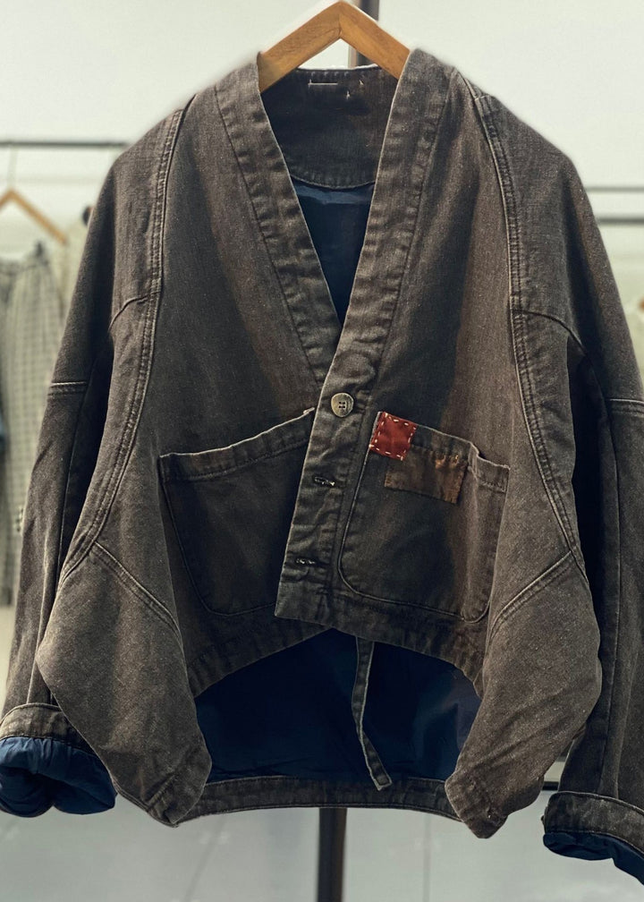 Luvik | Retro Blå Asymmetrisk Patches Bredde Ermer Denim Jakker