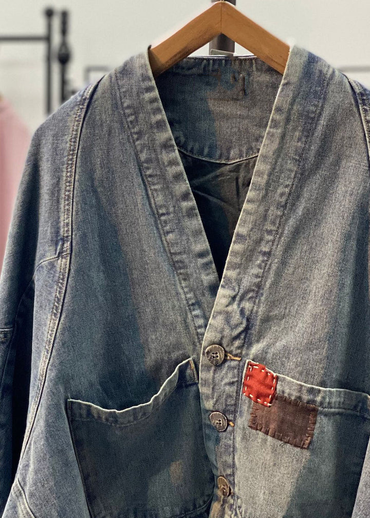 Luvik | Retro Blå Asymmetrisk Patches Bredde Ermer Denim Jakker