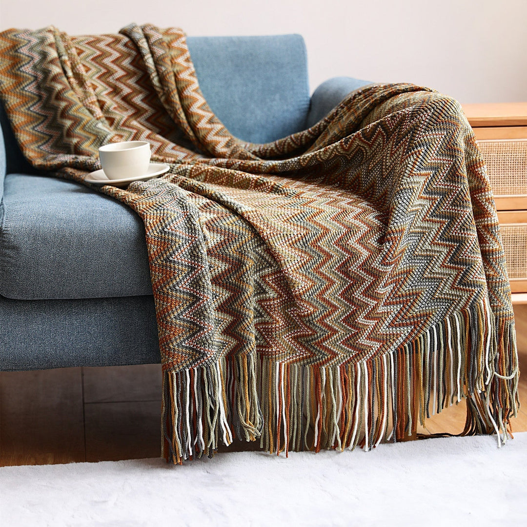 Boho Chevron Dynebesky – Håndvevd – Med Frynser – Varme JORDTONER | Luvikno
