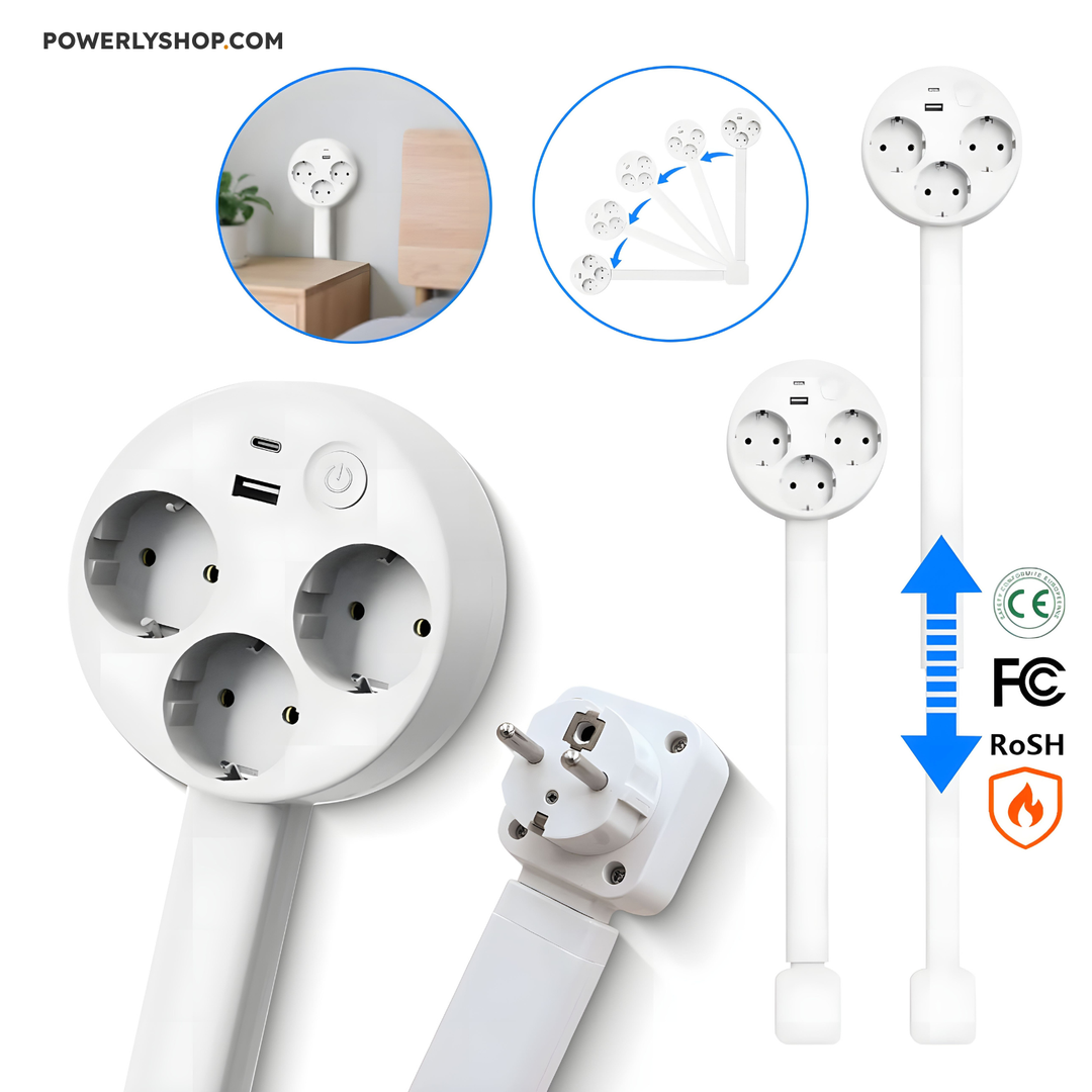 Luvikno | Smart Utvidbar Stikkontakt med USB | 3 Stikkontakter + Utvidbar Arm + 180° Svingarm