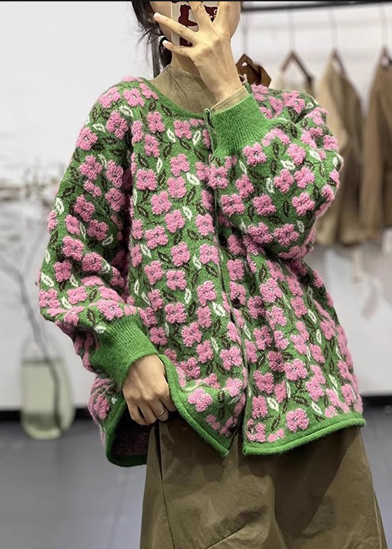 Luvik | Blomst knappeliv med rund hals langermet patchwork strikket jakke