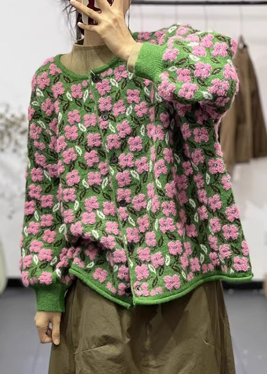 Luvik | Blomst knappeliv med rund hals langermet patchwork strikket jakke