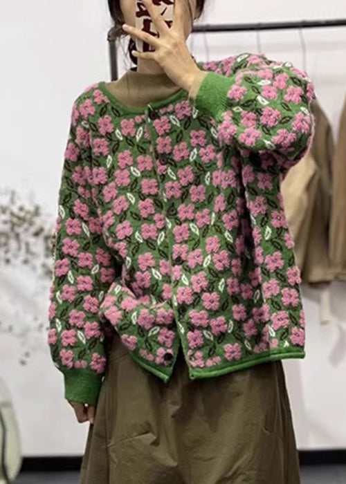Luvik | Blomst knappeliv med rund hals langermet patchwork strikket jakke