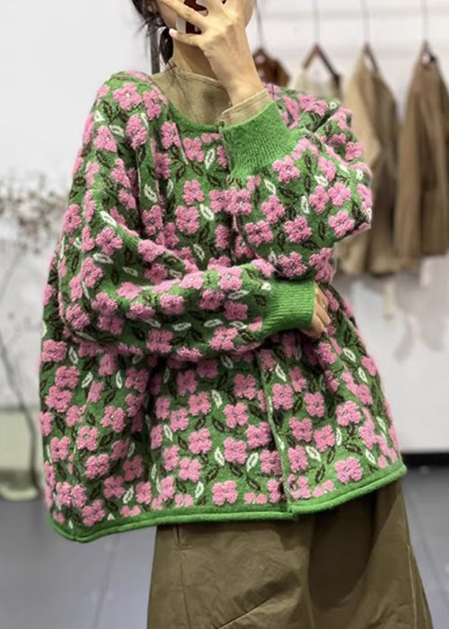 Luvik | Blomst knappeliv med rund hals langermet patchwork strikket jakke