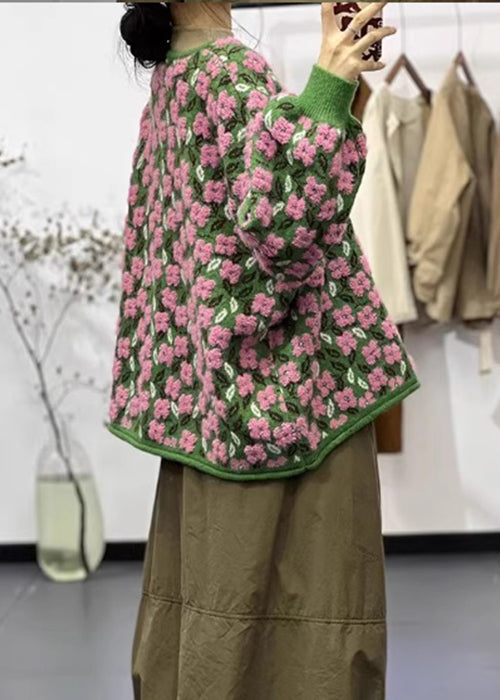 Luvik | Blomst knappeliv med rund hals langermet patchwork strikket jakke