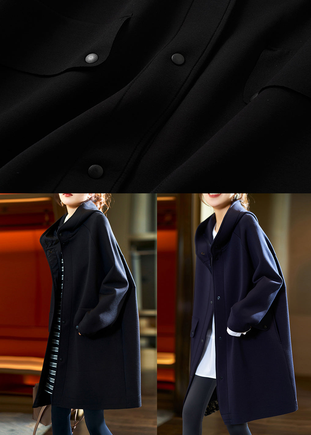 Luvik | Koko Musta hupullinen puuvillatakki painonapeilla