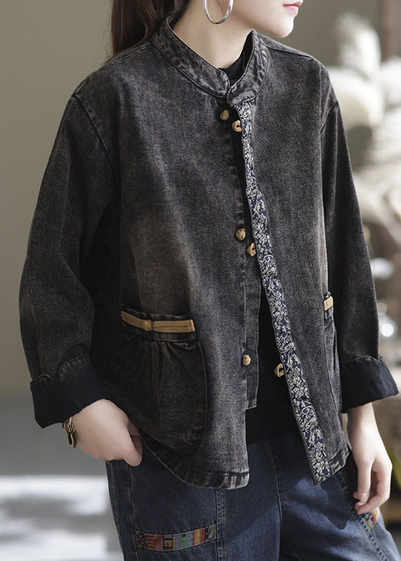 Luvik | Størrelse Svart Pluss-størrelse Lommer Patchwork Bomull Denim Jakker