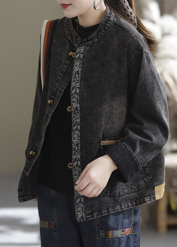 Luvik | Størrelse Svart Pluss-størrelse Lommer Patchwork Bomull Denim Jakker