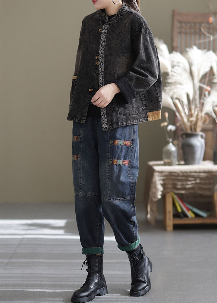 Luvik | Størrelse Svart Pluss-størrelse Lommer Patchwork Bomull Denim Jakker