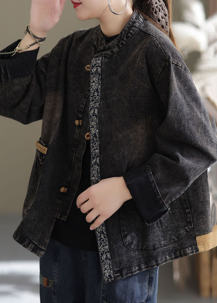 Luvik | Størrelse Svart Pluss-størrelse Lommer Patchwork Bomull Denim Jakker