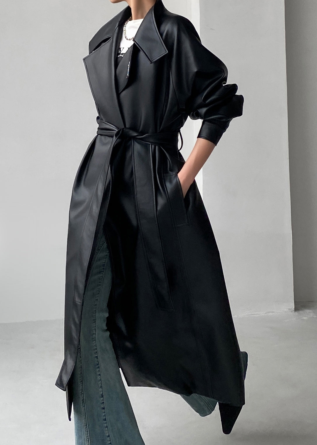 Luvik | Koko Musta-Vihreä Solmittava vyö Keinotekoinen nahka Lämpimät fleece-takit Talvi