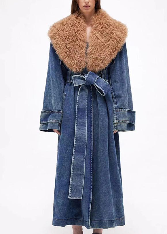Luvik | Midje Blå Denim Parkas Med Krage Patcher Sko Forsterket Lang Vinterjakke